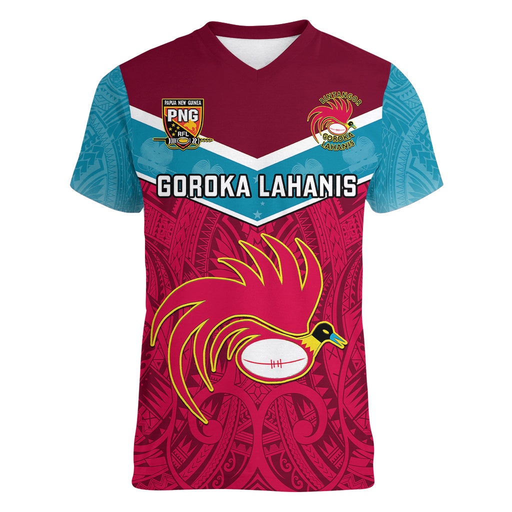 Papua New Guinea Rugby Women V Neck T Shirt Goroka Lahanis PNG Polynesian Pattern LT14 Female Red - Polynesian Pride