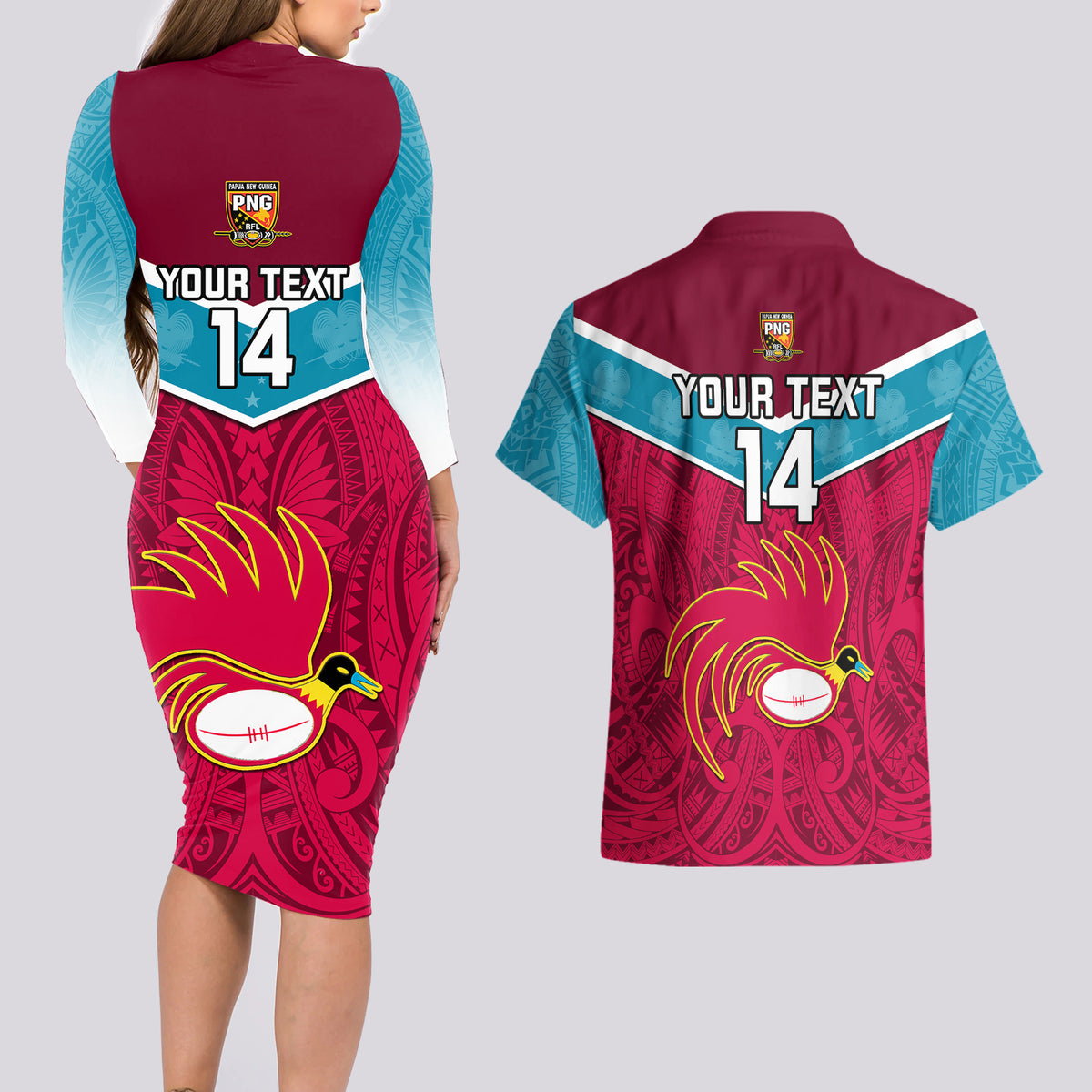 Custom Papua New Guinea Rugby Couples Matching Long Sleeve Bodycon Dress and Hawaiian Shirt Goroka Lahanis PNG Polynesian Pattern LT14 - Polynesian Pride