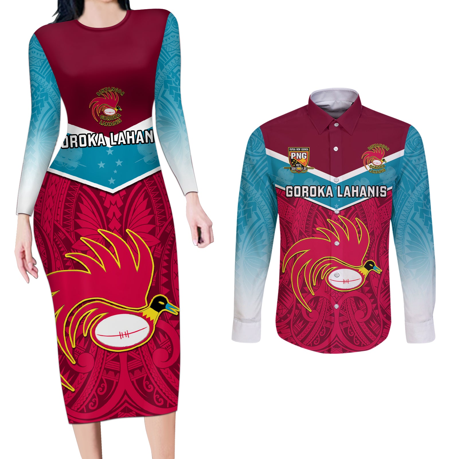 Custom Papua New Guinea Rugby Couples Matching Long Sleeve Bodycon Dress and Long Sleeve Button Shirts Goroka Lahanis PNG Polynesian Pattern LT14 Red - Polynesian Pride