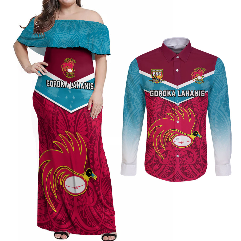 Custom Papua New Guinea Rugby Couples Matching Off Shoulder Maxi Dress and Long Sleeve Button Shirts Goroka Lahanis PNG Polynesian Pattern LT14 Red - Polynesian Pride