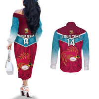 Custom Papua New Guinea Rugby Couples Matching Off The Shoulder Long Sleeve Dress and Long Sleeve Button Shirts Goroka Lahanis PNG Polynesian Pattern LT14 - Polynesian Pride