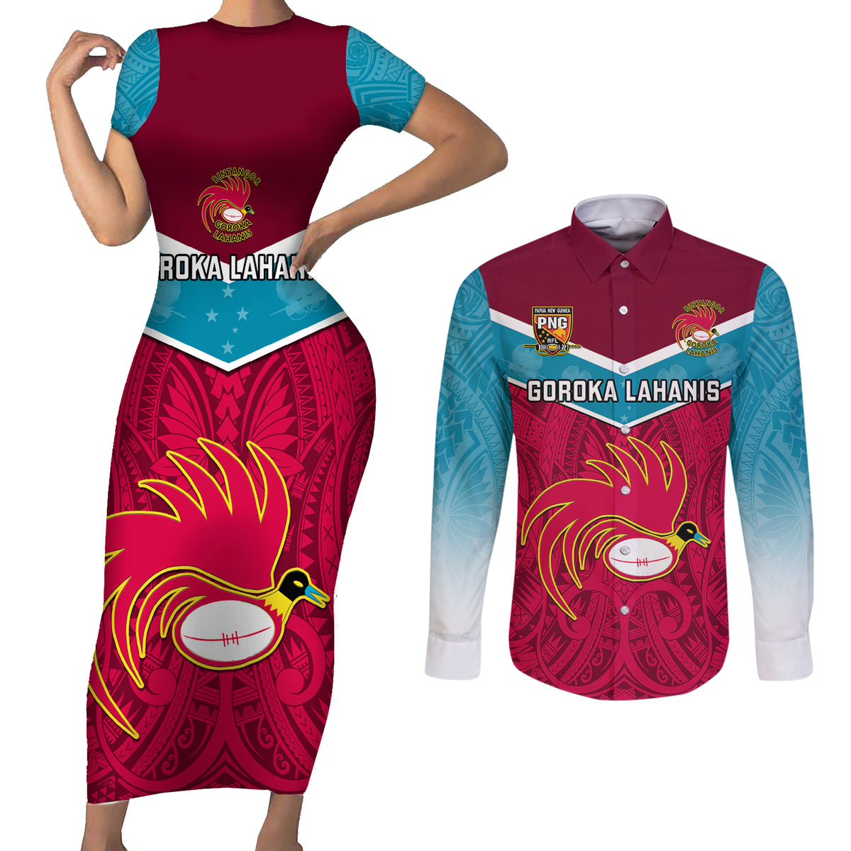 Custom Papua New Guinea Rugby Couples Matching Short Sleeve Bodycon Dress and Long Sleeve Button Shirts Goroka Lahanis PNG Polynesian Pattern LT14 Red - Polynesian Pride