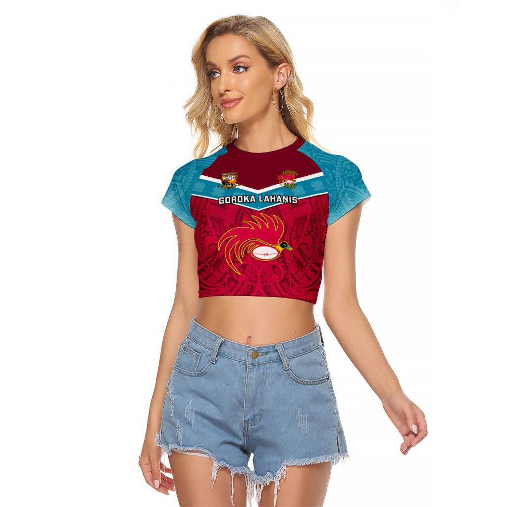Custom Papua New Guinea Rugby Raglan Cropped T Shirt Goroka Lahanis PNG Polynesian Pattern LT14 Female Red - Polynesian Pride