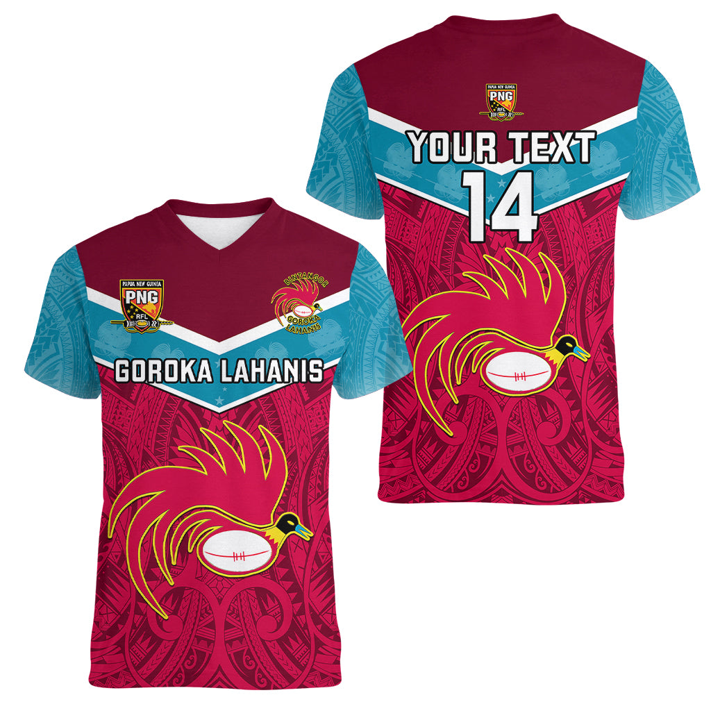 Custom Papua New Guinea Rugby Women V Neck T Shirt Goroka Lahanis PNG Polynesian Pattern LT14 - Polynesian Pride