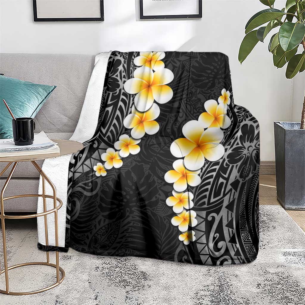 Black Tropical Plumeria With Galaxy Polynesian Art Blanket