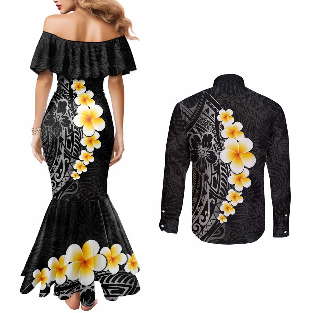 Black Tropical Plumeria With Galaxy Polynesian Art Couples Matching Mermaid Dress and Long Sleeve Button Shirt