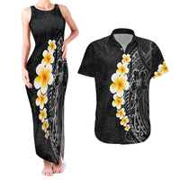 Black Tropical Plumeria With Galaxy Polynesian Art Couples Matching Tank Maxi Dress and Hawaiian Shirt LT14 Black - Polynesian Pride