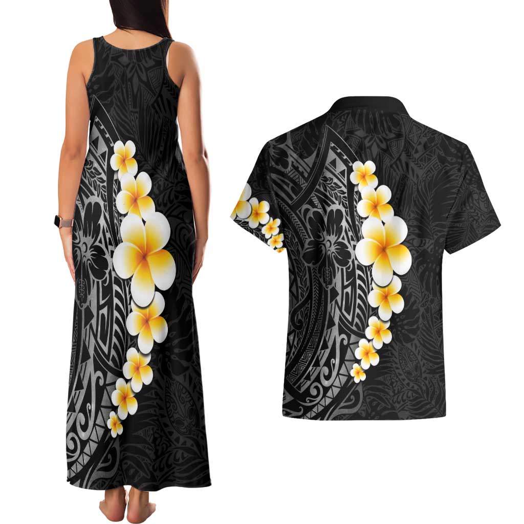 Black Tropical Plumeria With Galaxy Polynesian Art Couples Matching Tank Maxi Dress and Hawaiian Shirt LT14 - Polynesian Pride