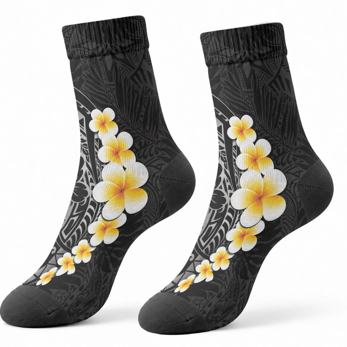 Black Tropical Plumeria With Galaxy Polynesian Art Crew Socks LT14 - Polynesian Pride