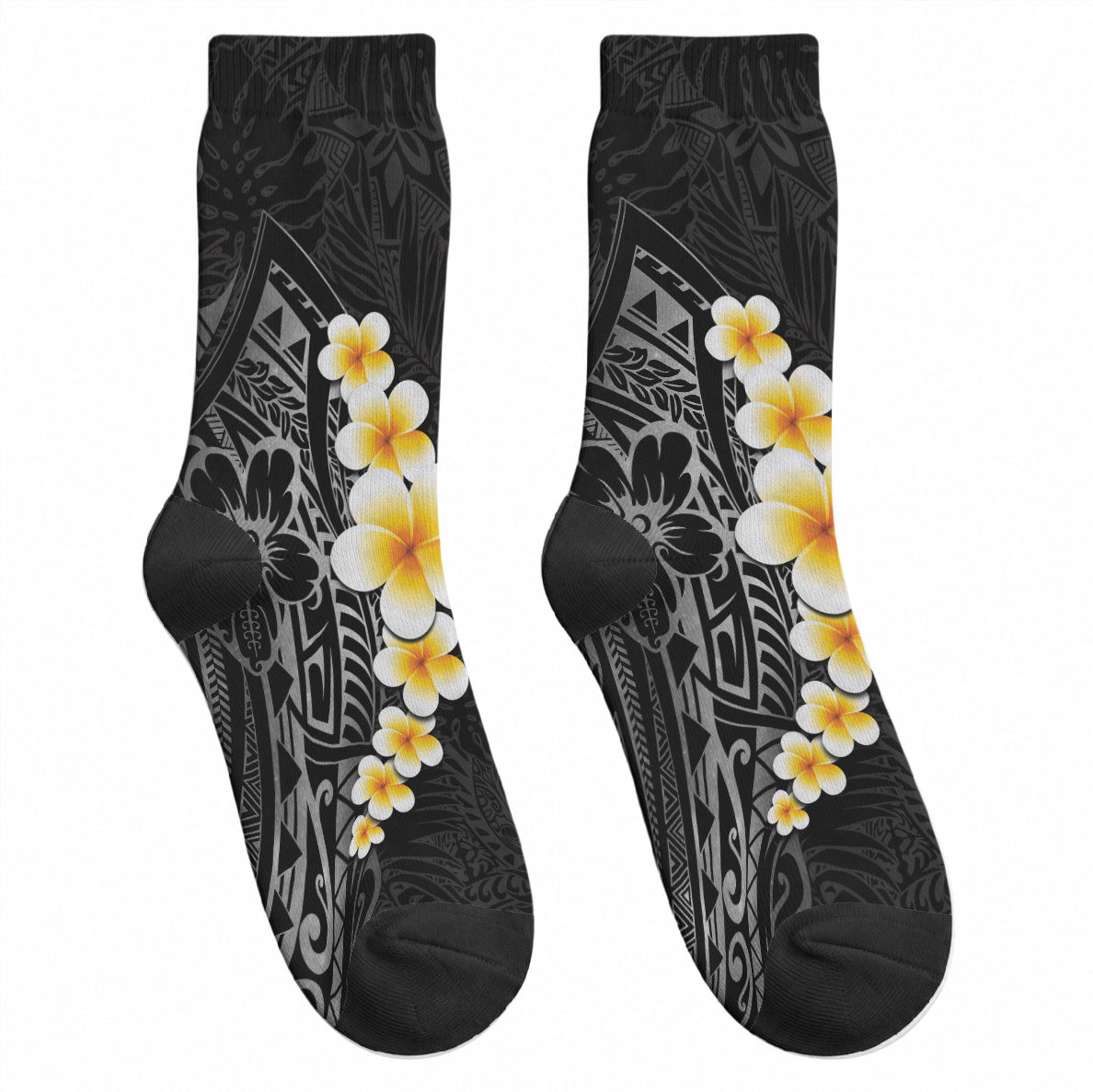 Black Tropical Plumeria With Galaxy Polynesian Art Crew Socks LT14 - Polynesian Pride