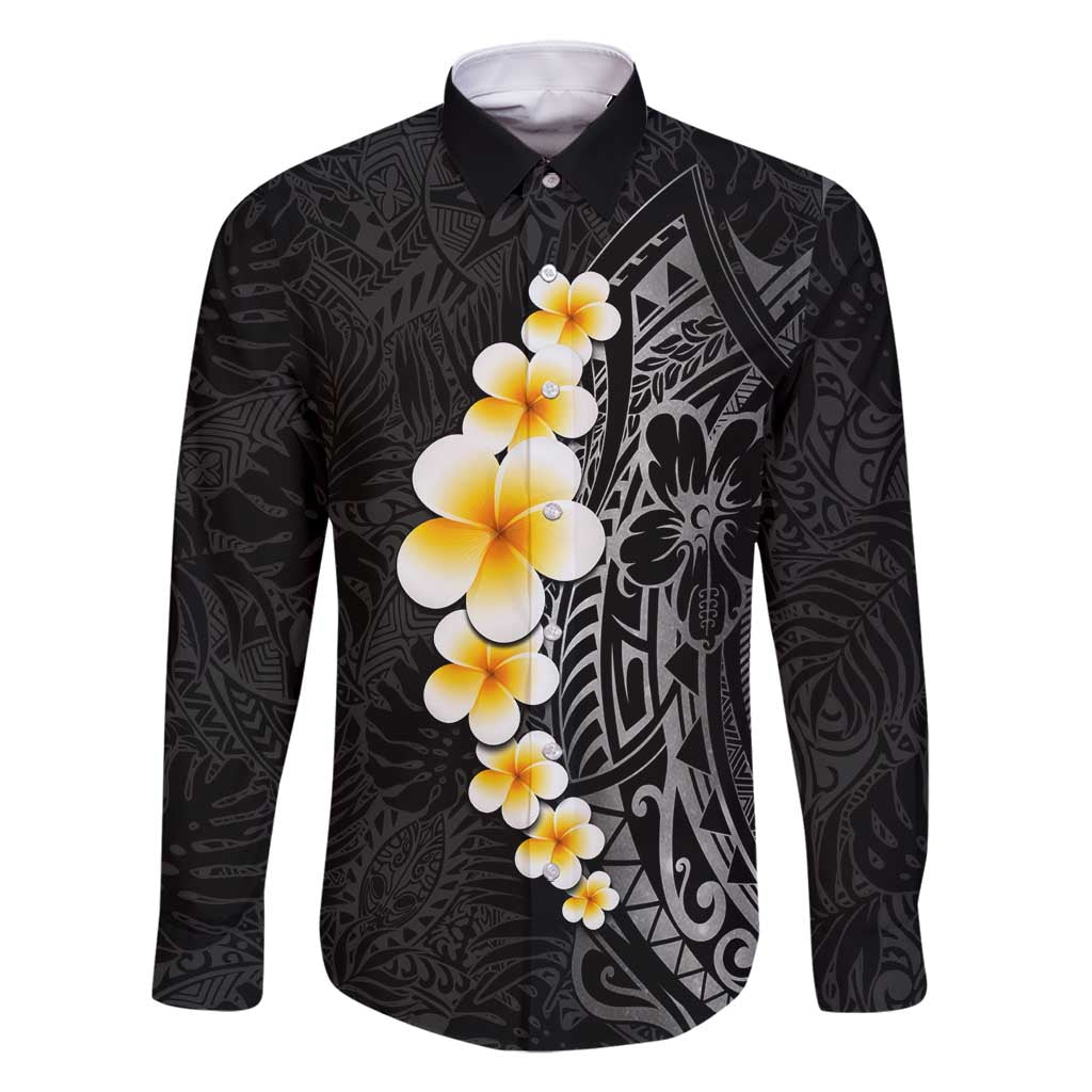 Black Tropical Plumeria With Galaxy Polynesian Art Family Matching Mermaid Dress and Hawaiian Shirt LT14 Dad's Shirt - Long Sleeve Black - Polynesian Pride
