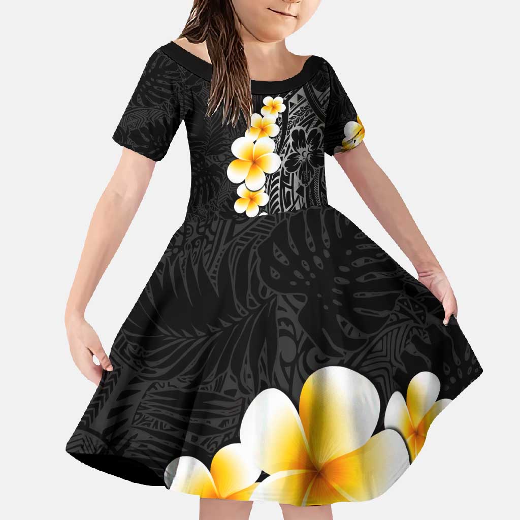 Black Tropical Plumeria With Galaxy Polynesian Art Family Matching Short Sleeve Bodycon Dress and Hawaiian Shirt LT14 Daughter's Dress Black - Polynesian Pride