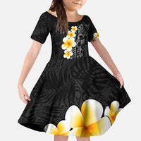 Black Tropical Plumeria With Galaxy Polynesian Art Family Matching Short Sleeve Bodycon Dress and Hawaiian Shirt LT14 Daughter's Dress Black - Polynesian Pride