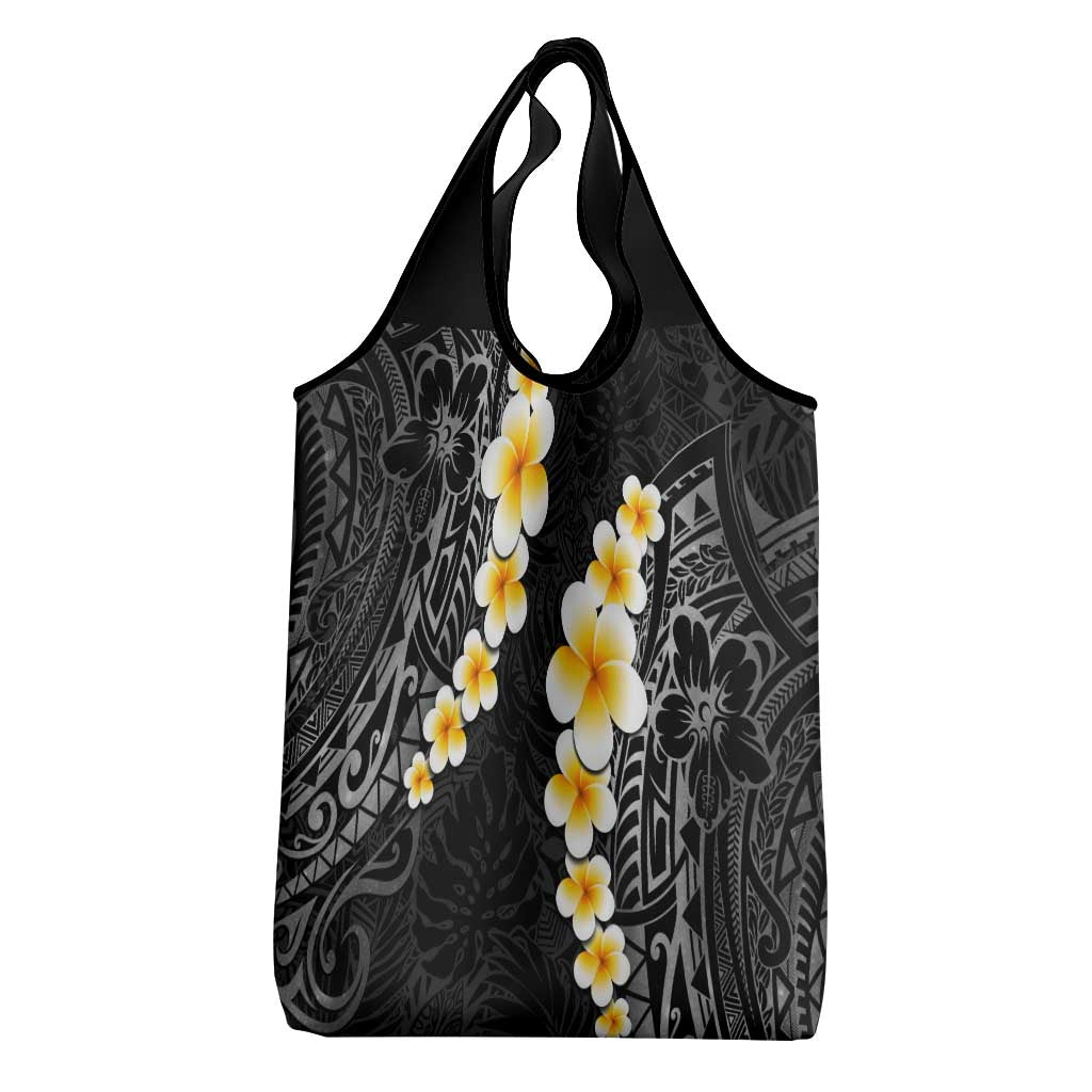 Black Tropical Plumeria With Galaxy Polynesian Art Grocery Bag
