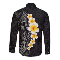 Black Tropical Plumeria With Galaxy Polynesian Art Long Sleeve Button Shirt