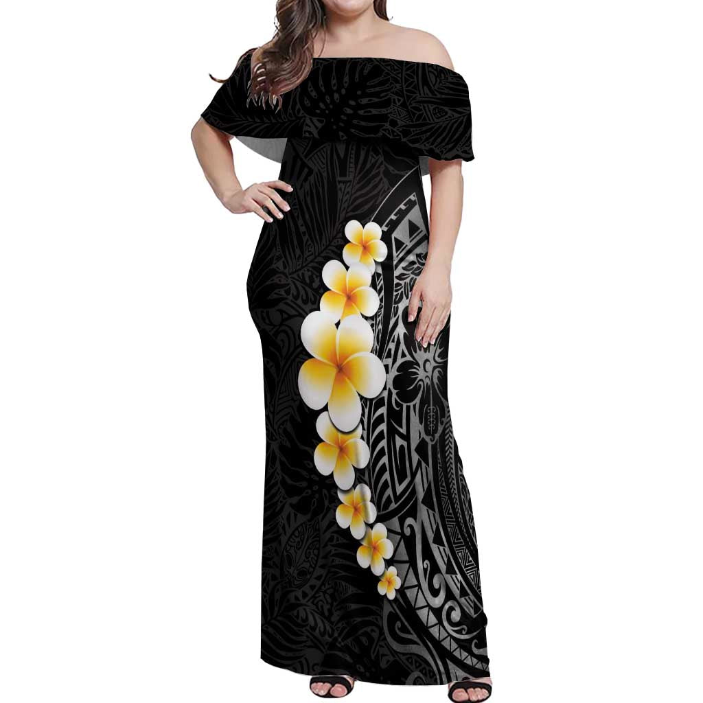 Black Tropical Plumeria With Galaxy Polynesian Art Off Shoulder Maxi Dress