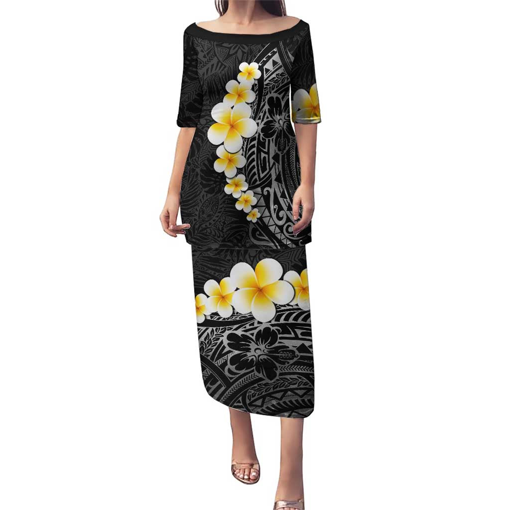 Black Tropical Plumeria With Galaxy Polynesian Art Puletasi