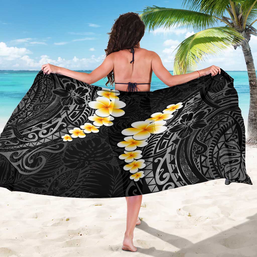 Black Tropical Plumeria With Galaxy Polynesian Art Sarong