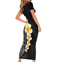 Black Tropical Plumeria With Galaxy Polynesian Art Short Sleeve Bodycon Dress LT14 - Polynesian Pride