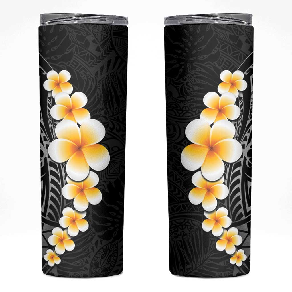 Black Tropical Plumeria With Galaxy Polynesian Art Skinny Tumbler