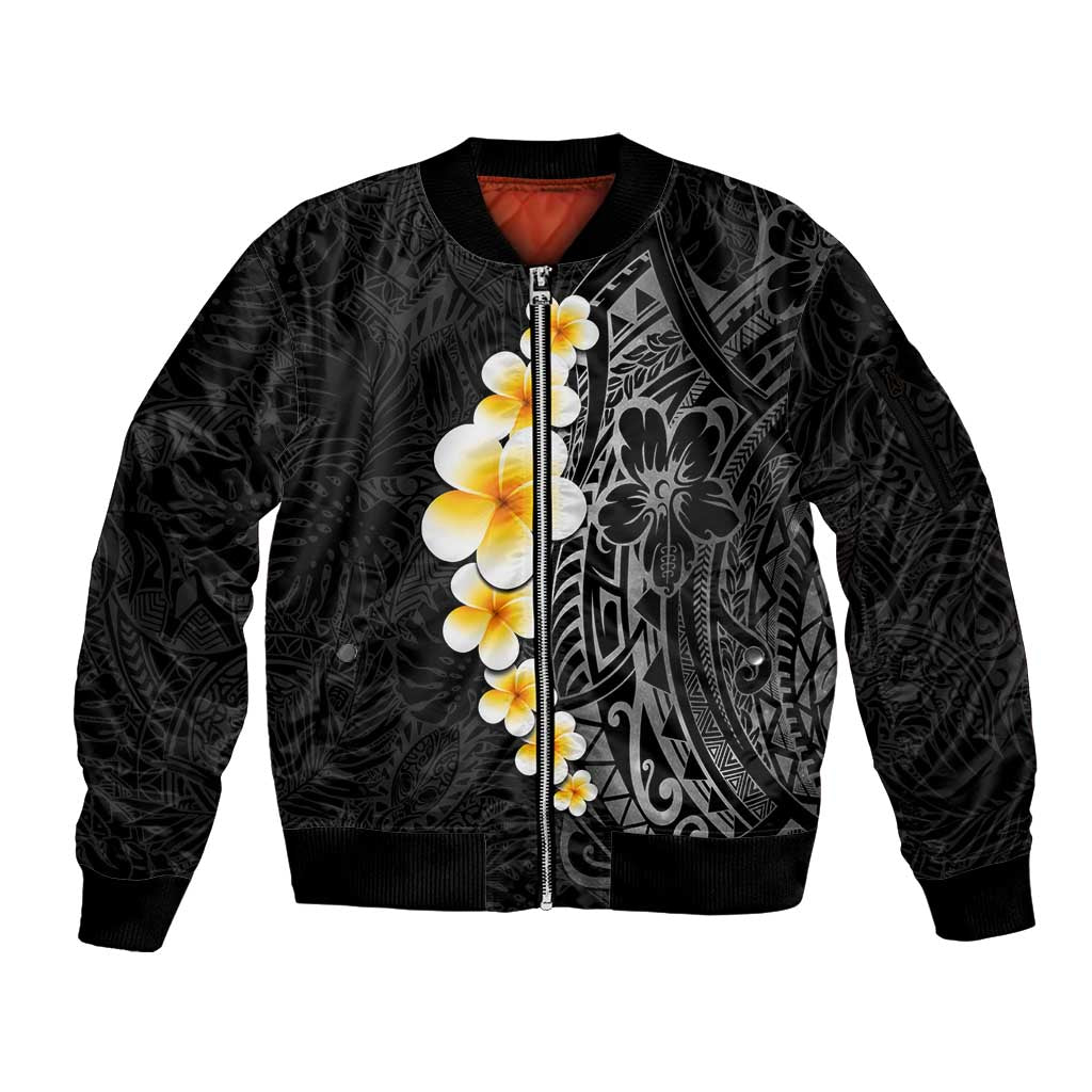 Black Tropical Plumeria With Galaxy Polynesian Art Sleeve Zip Bomber Jacket