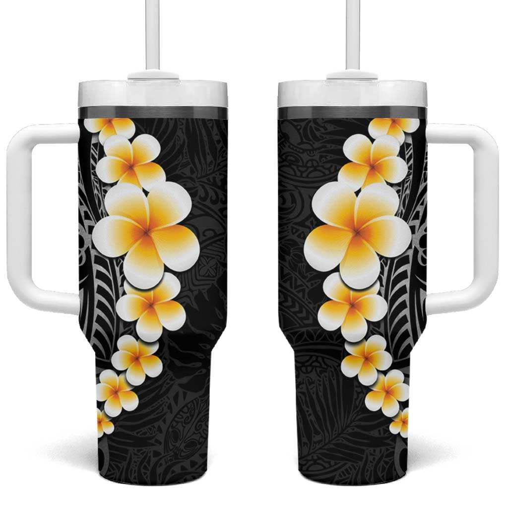 Black Tropical Plumeria With Galaxy Polynesian Art Tumbler With Handle