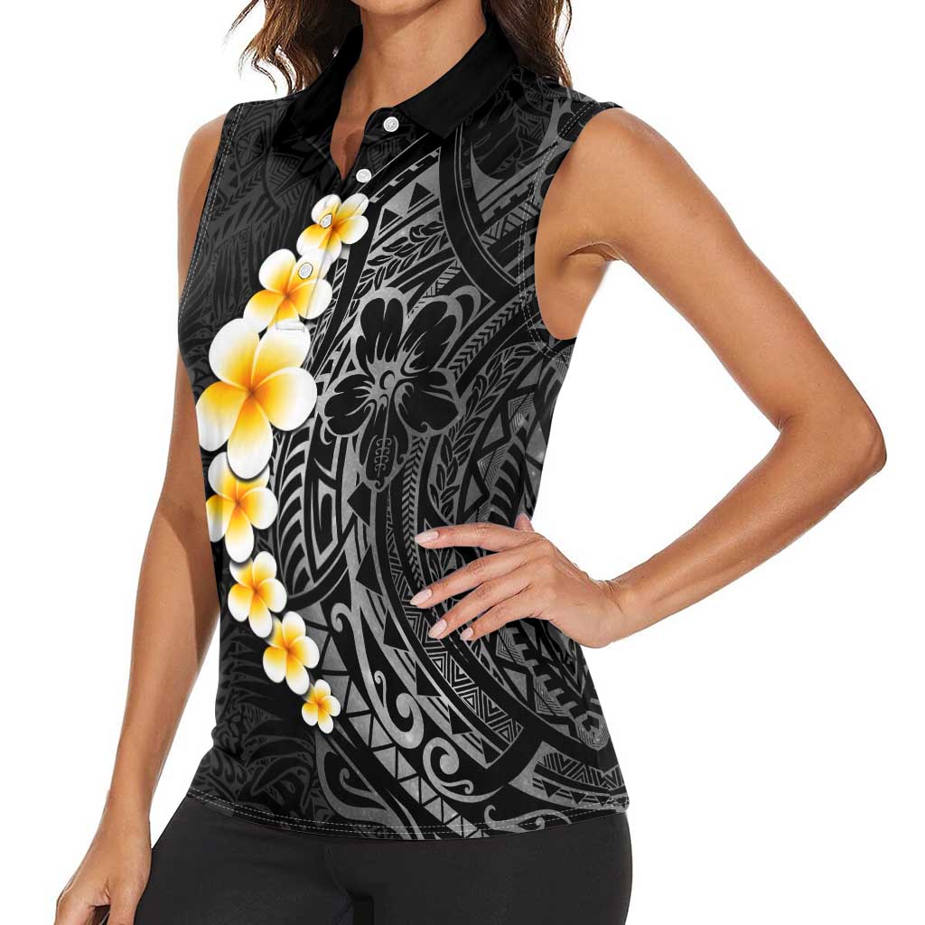 Black Tropical Plumeria With Galaxy Polynesian Art Women Sleeveless Polo Shirt