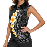 Black Tropical Plumeria With Galaxy Polynesian Art Women Sleeveless Polo Shirt