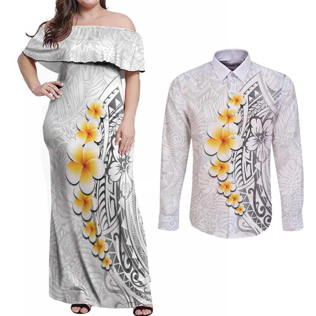White Tropical Plumeria With Galaxy Polynesian Art Couples Matching Off Shoulder Maxi Dress and Long Sleeve Button Shirt