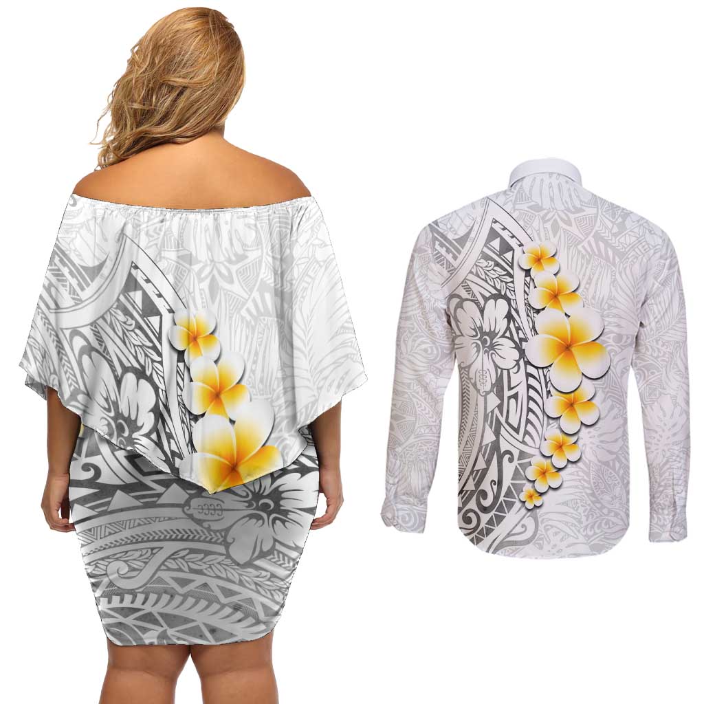 White Tropical Plumeria With Galaxy Polynesian Art Couples Matching Off Shoulder Short Dress and Long Sleeve Button Shirt