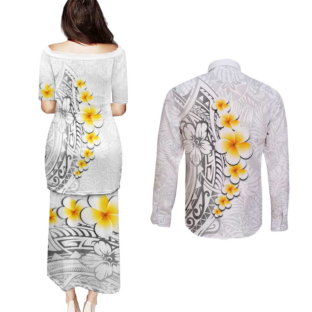 White Tropical Plumeria With Galaxy Polynesian Art Couples Matching Puletasi and Long Sleeve Button Shirt