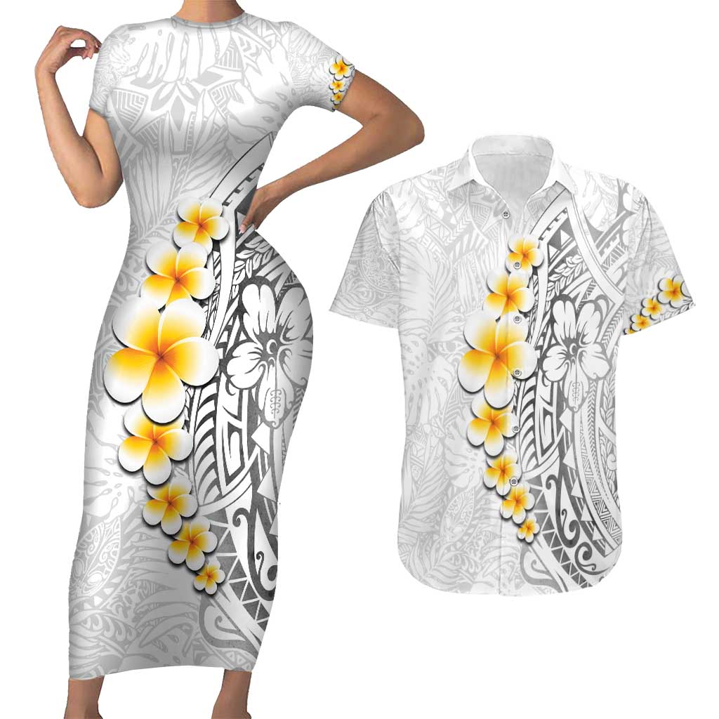 White Tropical Plumeria With Galaxy Polynesian Art Couples Matching Short Sleeve Bodycon Dress and Hawaiian Shirt