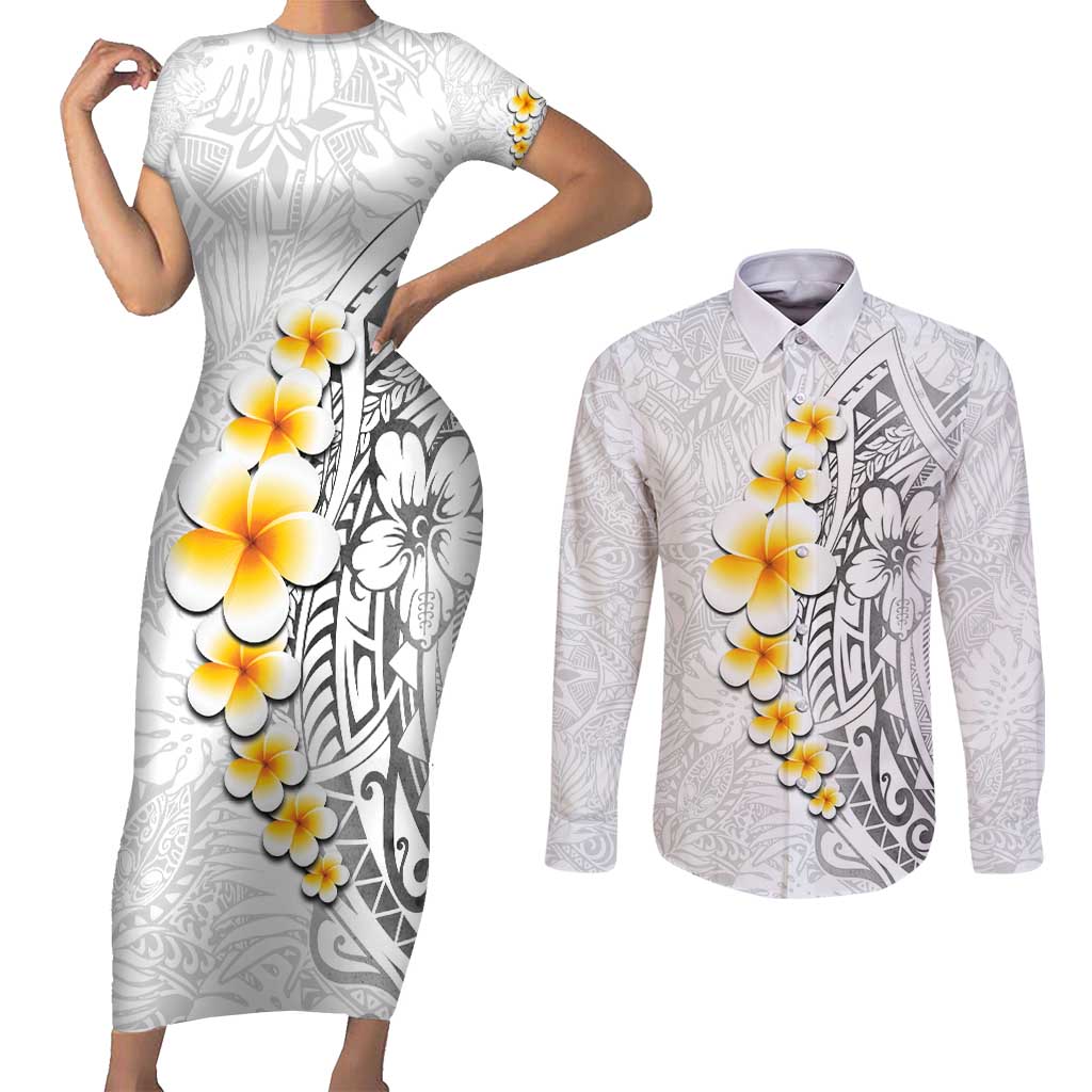 White Tropical Plumeria With Galaxy Polynesian Art Couples Matching Short Sleeve Bodycon Dress and Long Sleeve Button Shirt
