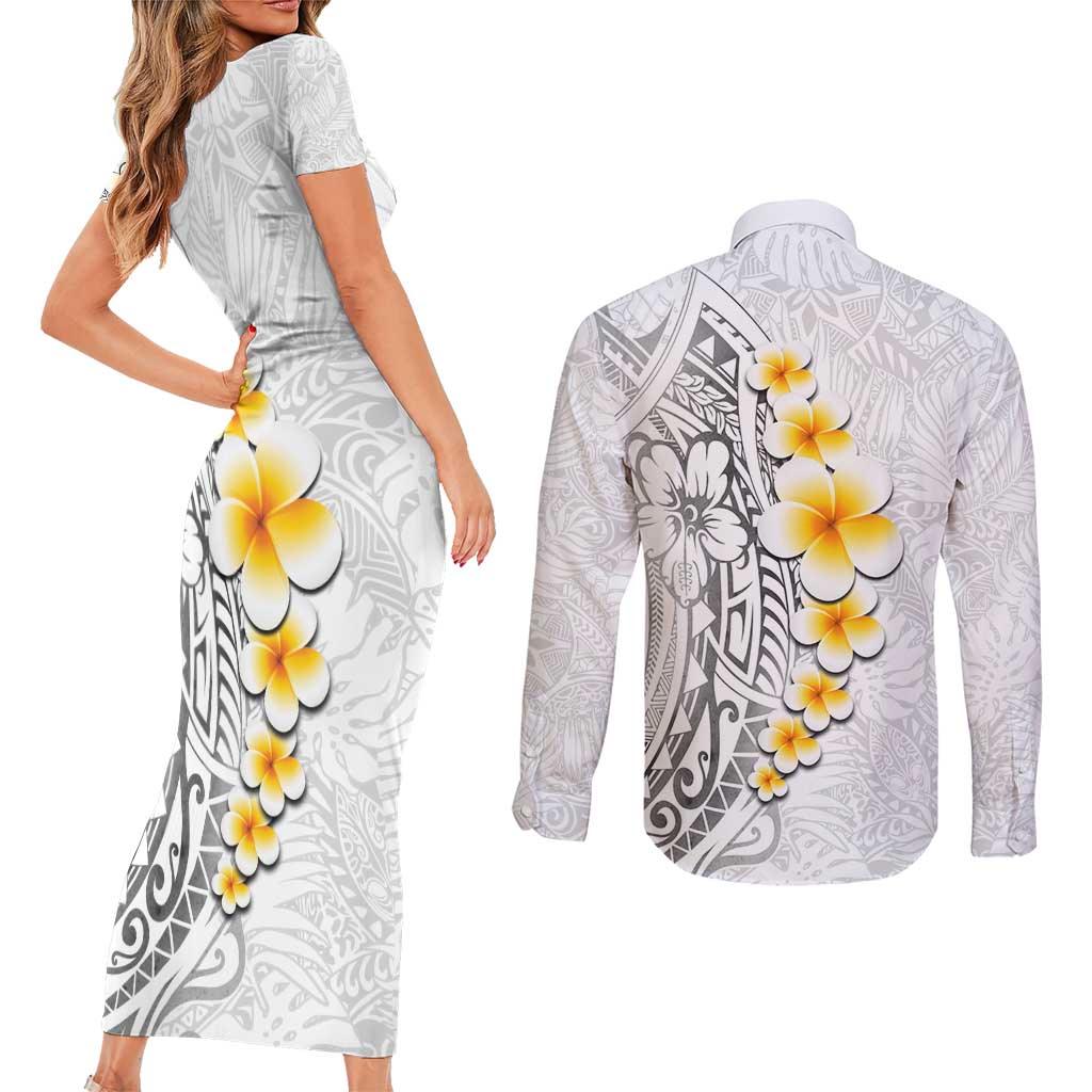 White Tropical Plumeria With Galaxy Polynesian Art Couples Matching Short Sleeve Bodycon Dress and Long Sleeve Button Shirt