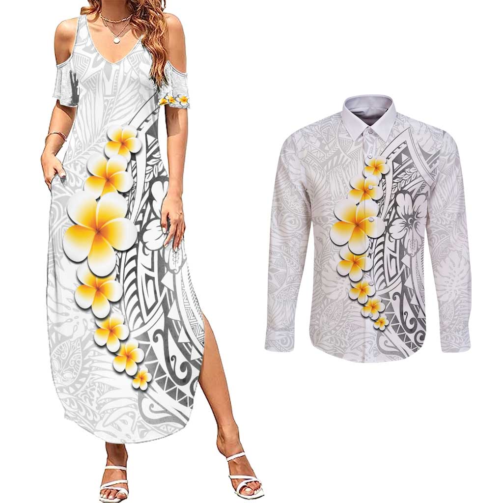 White Tropical Plumeria With Galaxy Polynesian Art Couples Matching Summer Maxi Dress and Long Sleeve Button Shirt
