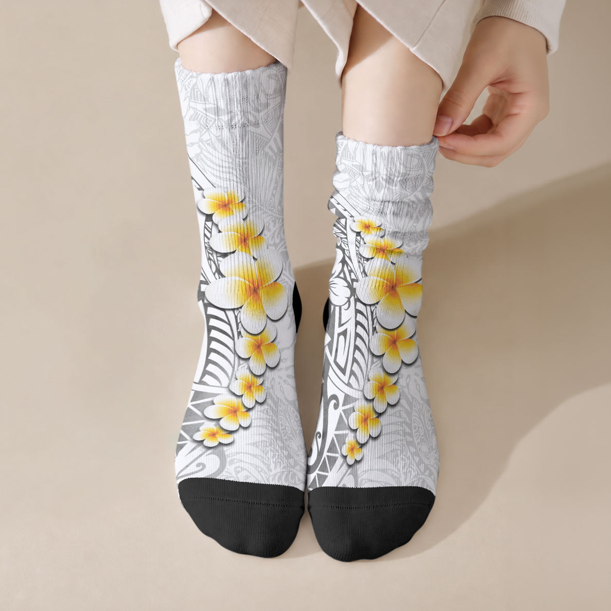 White Tropical Plumeria With Galaxy Polynesian Art Crew Socks