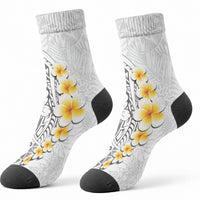 White Tropical Plumeria With Galaxy Polynesian Art Crew Socks