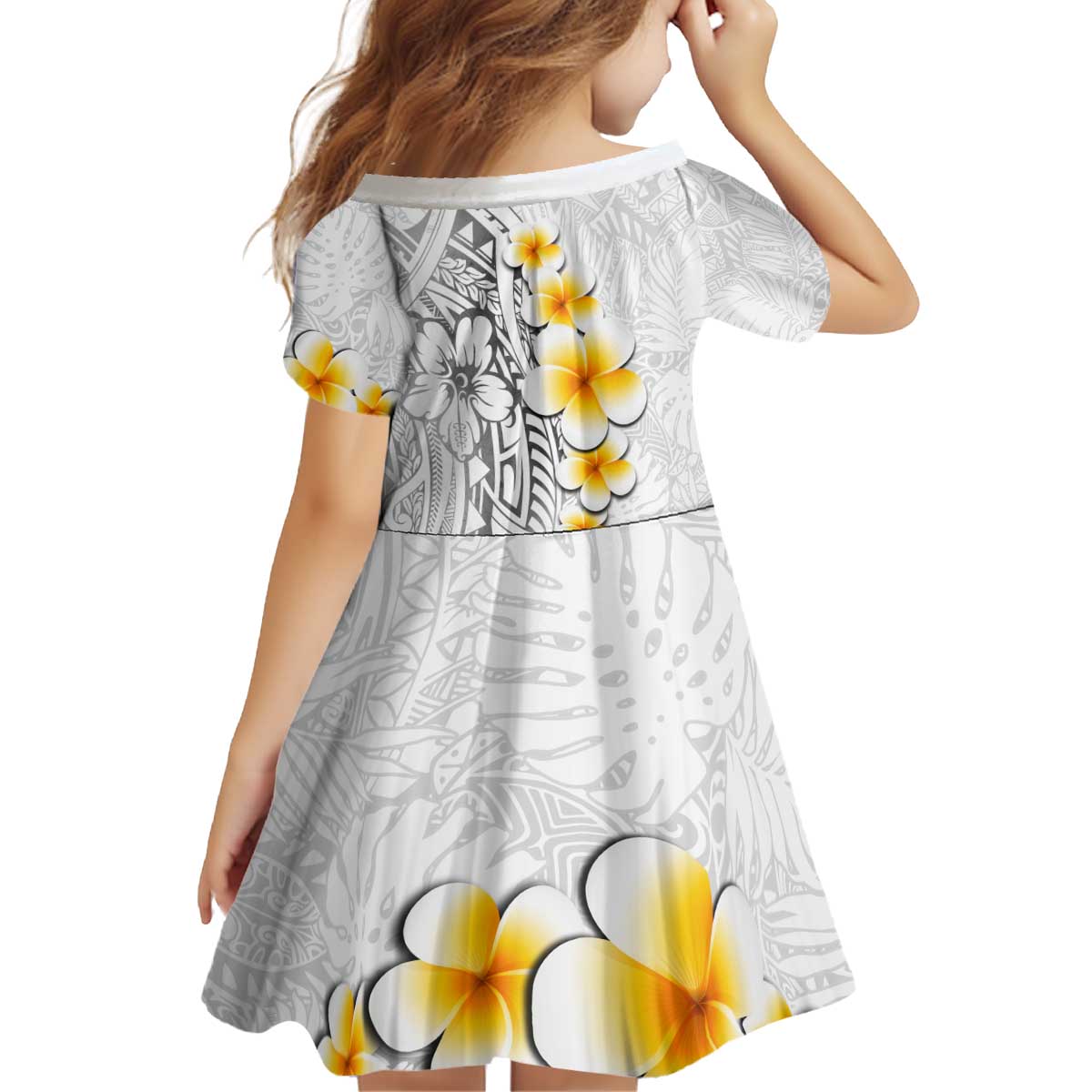 White Tropical Plumeria With Galaxy Polynesian Art Kid Short Sleeve Dress