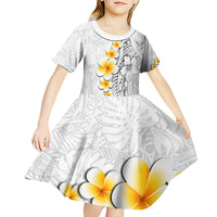 White Tropical Plumeria With Galaxy Polynesian Art Kid Short Sleeve Dress