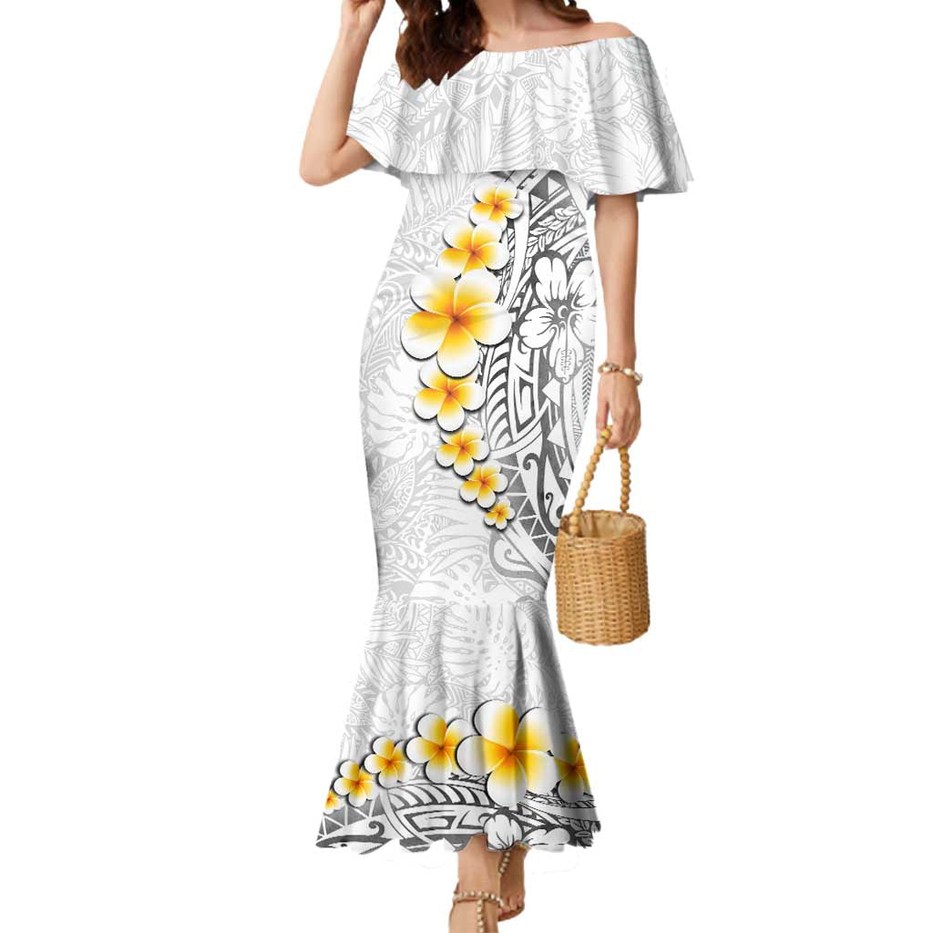 White Tropical Plumeria With Galaxy Polynesian Art Mermaid Dress LT14 Women White - Polynesian Pride