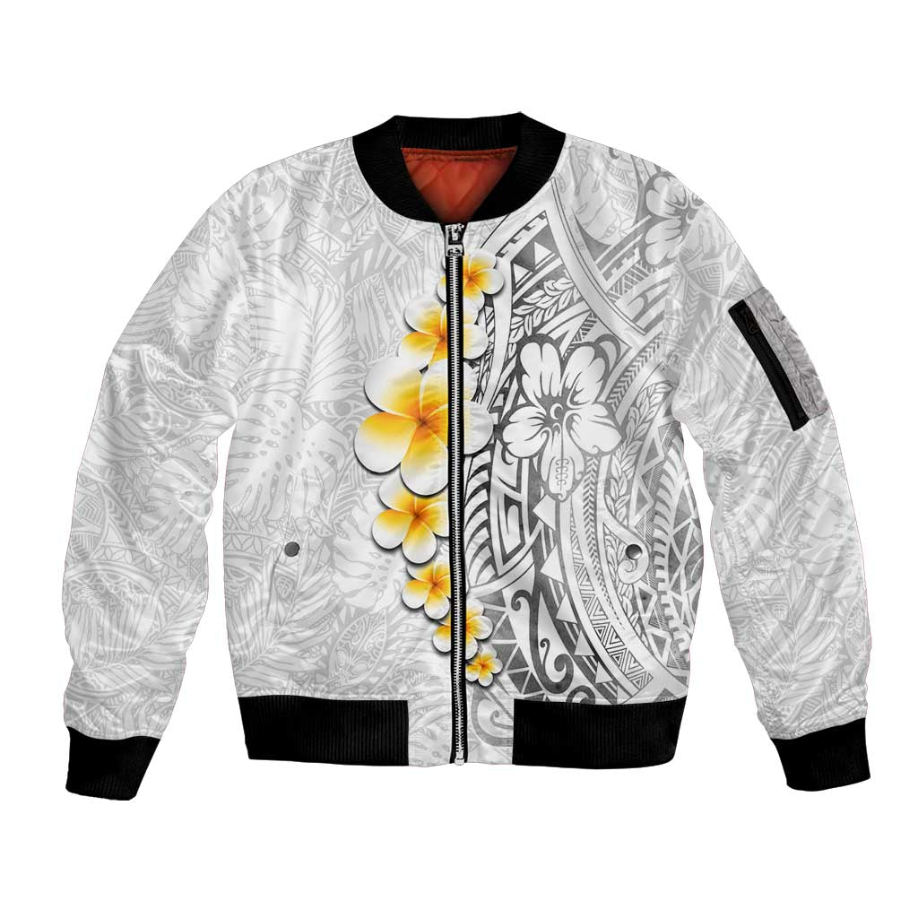 White Tropical Plumeria With Galaxy Polynesian Art Sleeve Zip Bomber Jacket