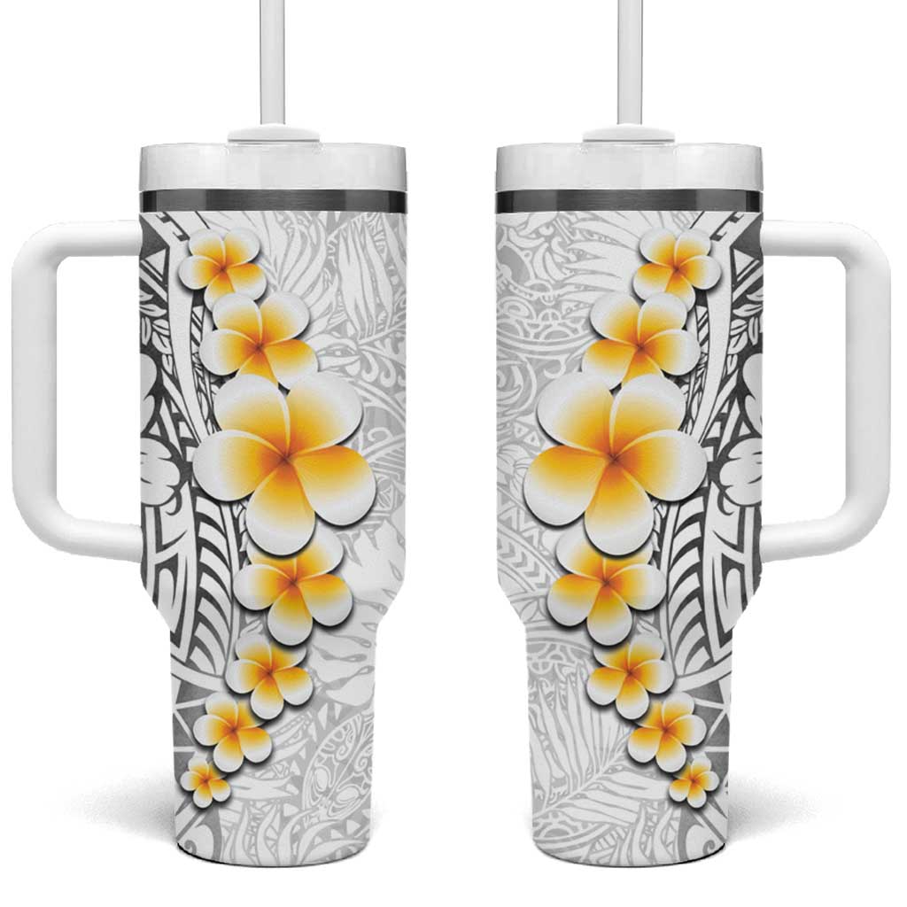 White Tropical Plumeria With Galaxy Polynesian Art Tumbler With Handle