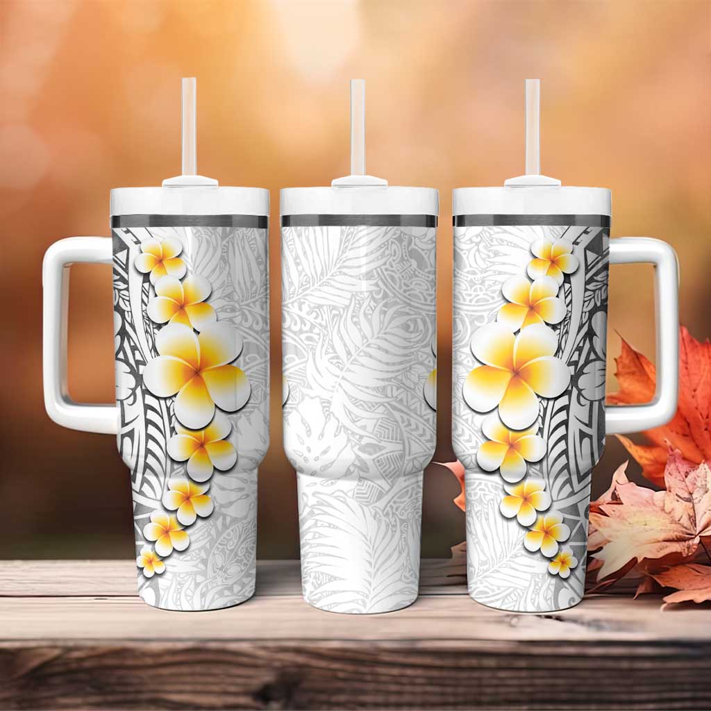 White Tropical Plumeria With Galaxy Polynesian Art Tumbler With Handle