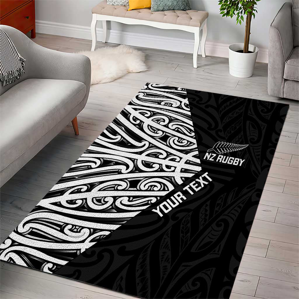 New Zealand Silver Fern Rugby Custom Area Rug Maori Koru Go Black Fern - Polynesian Pride