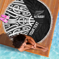 New Zealand Silver Fern Rugby Custom Beach Blanket Maori Koru Go Black Fern - Polynesian Pride