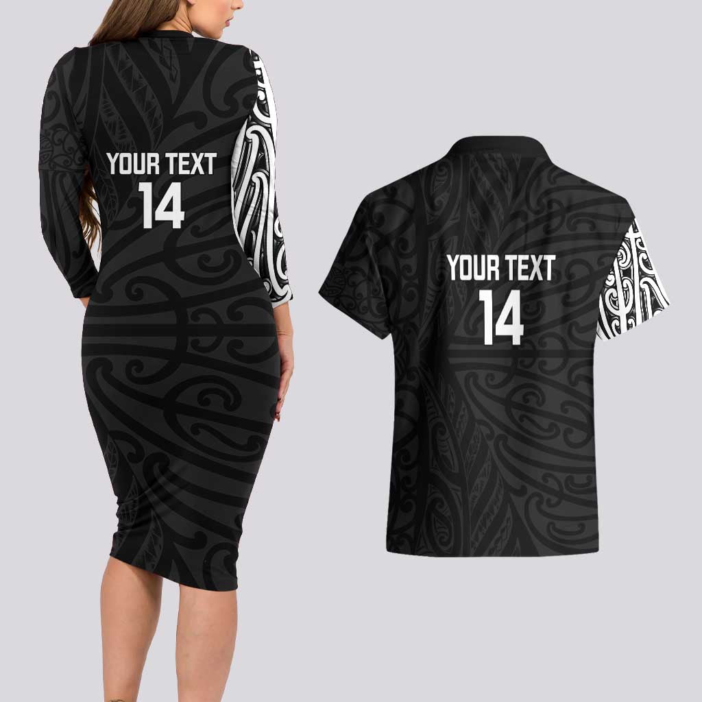 New Zealand Silver Fern Rugby Custom Couples Matching Long Sleeve Bodycon Dress and Hawaiian Shirt Maori Koru Go Black Fern - Polynesian Pride