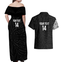 New Zealand Silver Fern Rugby Custom Couples Matching Off Shoulder Maxi Dress and Hawaiian Shirt Maori Koru Go Black Fern - Polynesian Pride