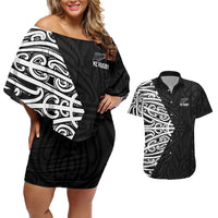 New Zealand Silver Fern Rugby Custom Couples Matching Off Shoulder Short Dress and Hawaiian Shirt Maori Koru Go Black Fern - Polynesian Pride