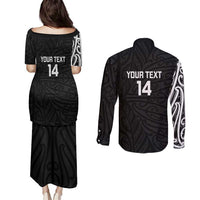 New Zealand Silver Fern Rugby Custom Couples Matching Puletasi and Long Sleeve Button Shirt Maori Koru Go Black Fern - Polynesian Pride