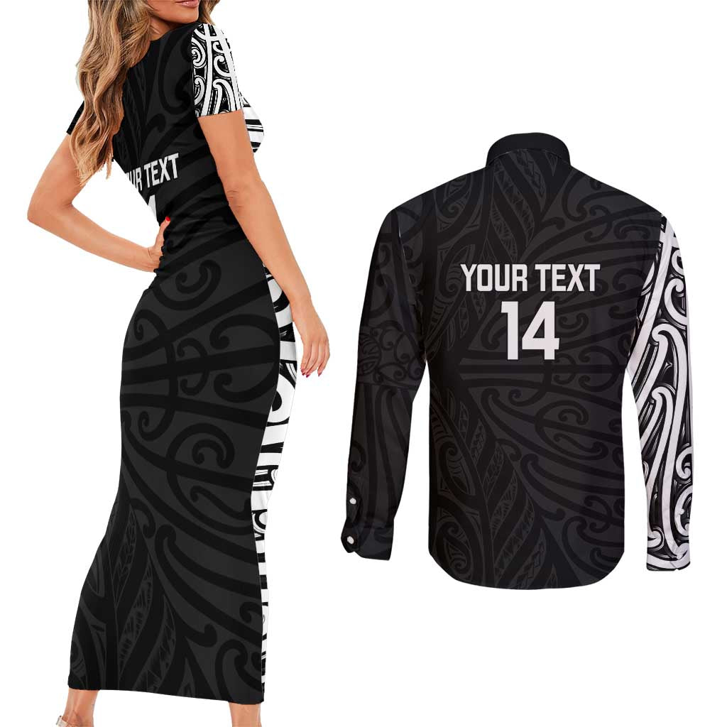 New Zealand Silver Fern Rugby Custom Couples Matching Short Sleeve Bodycon Dress and Long Sleeve Button Shirt Maori Koru Go Black Fern - Polynesian Pride